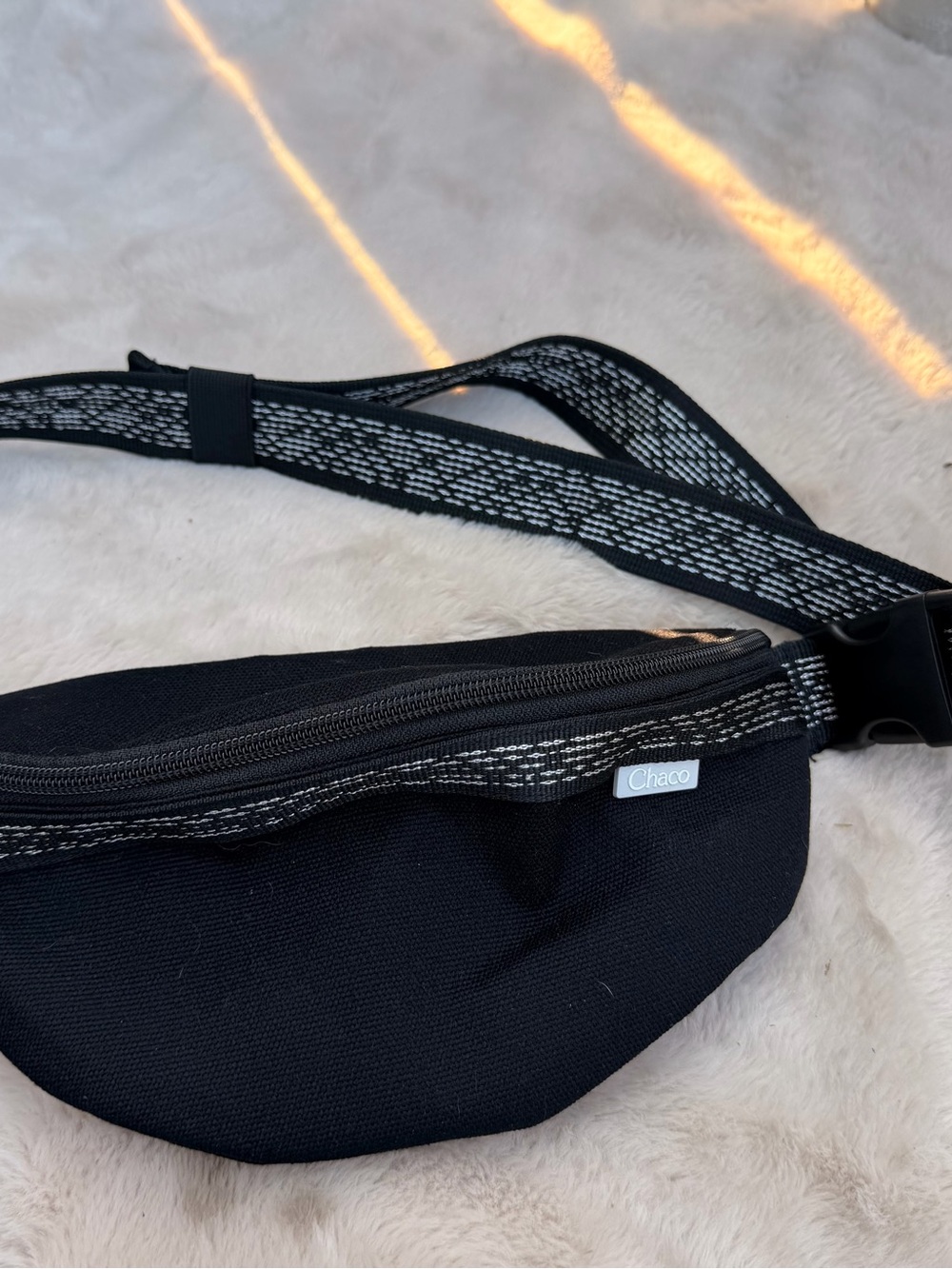 Chaco Black Fanny Pack with Patterned Black & White Strap